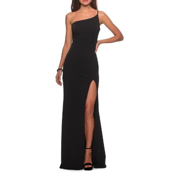 New ~ LA FEMME ~Women's Black One-Shoulder Jersey Gown Size 12 - Picture 1 of 7